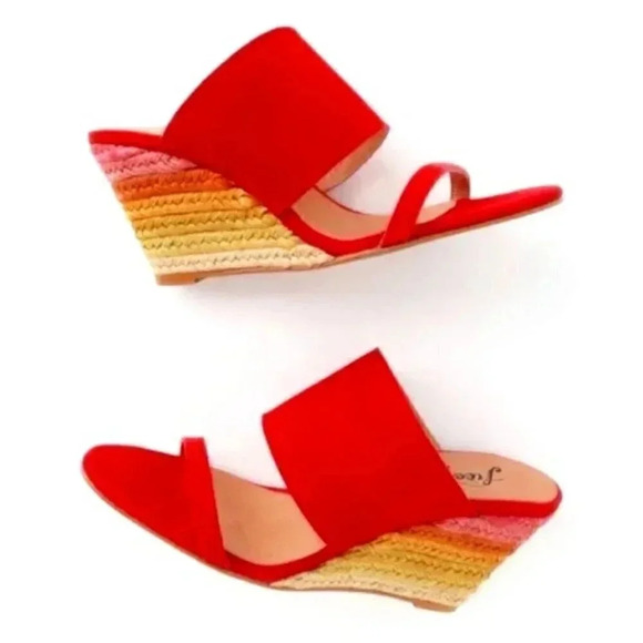 Free People Shoes - Free People Glorieta Red Suede Leather Espadrille Wedges Rainbow Ombre Size 37